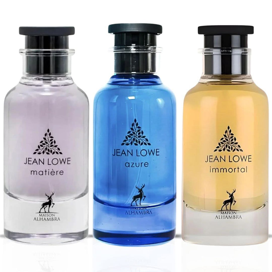 Maison Alhambra Jean Lowe Immortal and Azure Eau de Parfum bundle bottles, 100ml, featuring sleek glass perfume sprays.