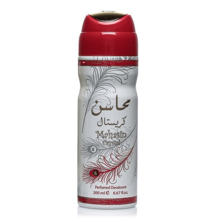 Lattafa Mahasin Crystal deodorant for women in 200ml bottle, clear crystal-like design with white cap, highlighting the product packaging