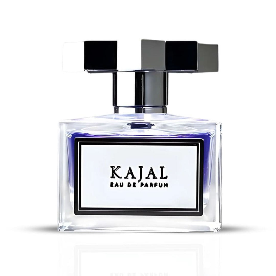 Kajal Eau de Parfum Spray 100ml bottle with sleek black design and silver accents, showcasing the elegant fragrance packaging.