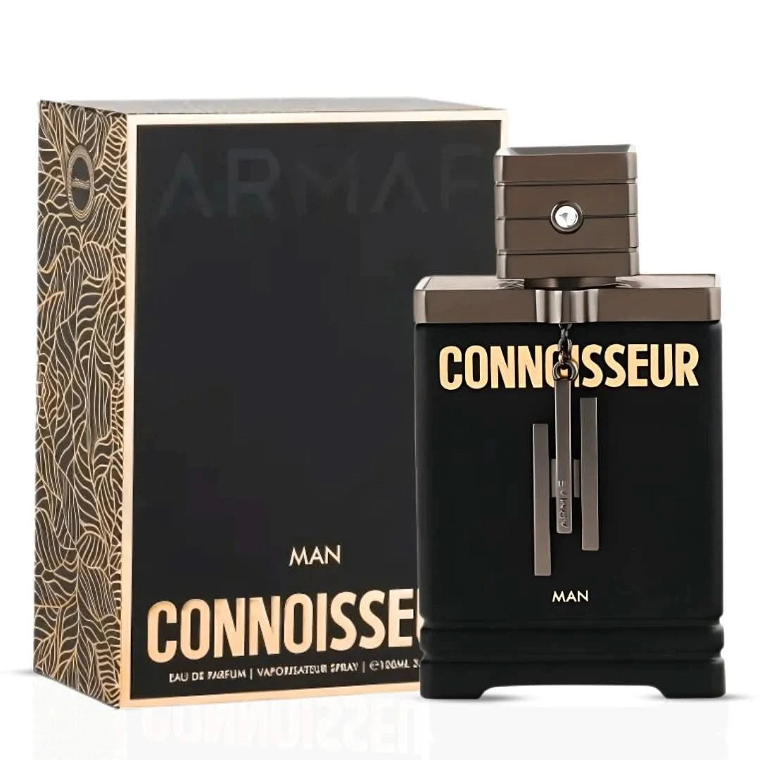 Armaf Connoisseur Man and Woman Eau de Parfum spray bundle, 100ml bottles, featuring elegant perfume bottles and branding.
