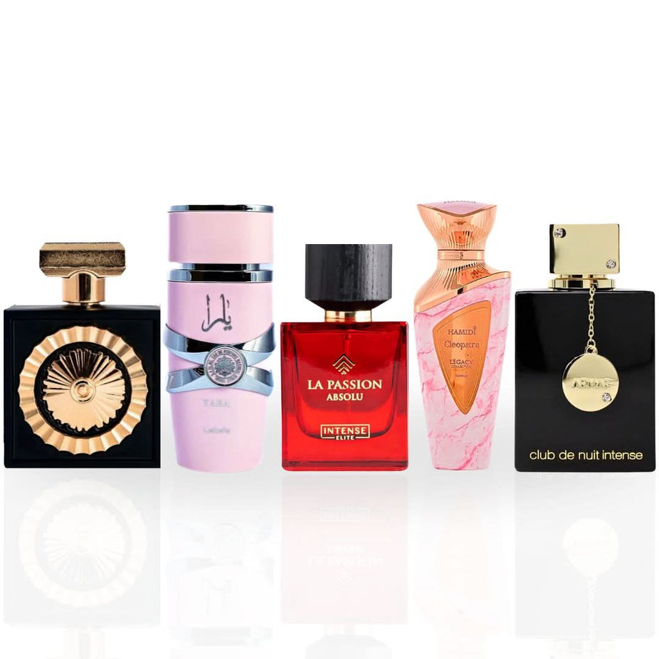 Set of five Intense Oud Eau De Parfum sprays for women, featuring Yara, Nebras, Cleopatra, Club De Nuit Intense, and La Passion Absolu bottles