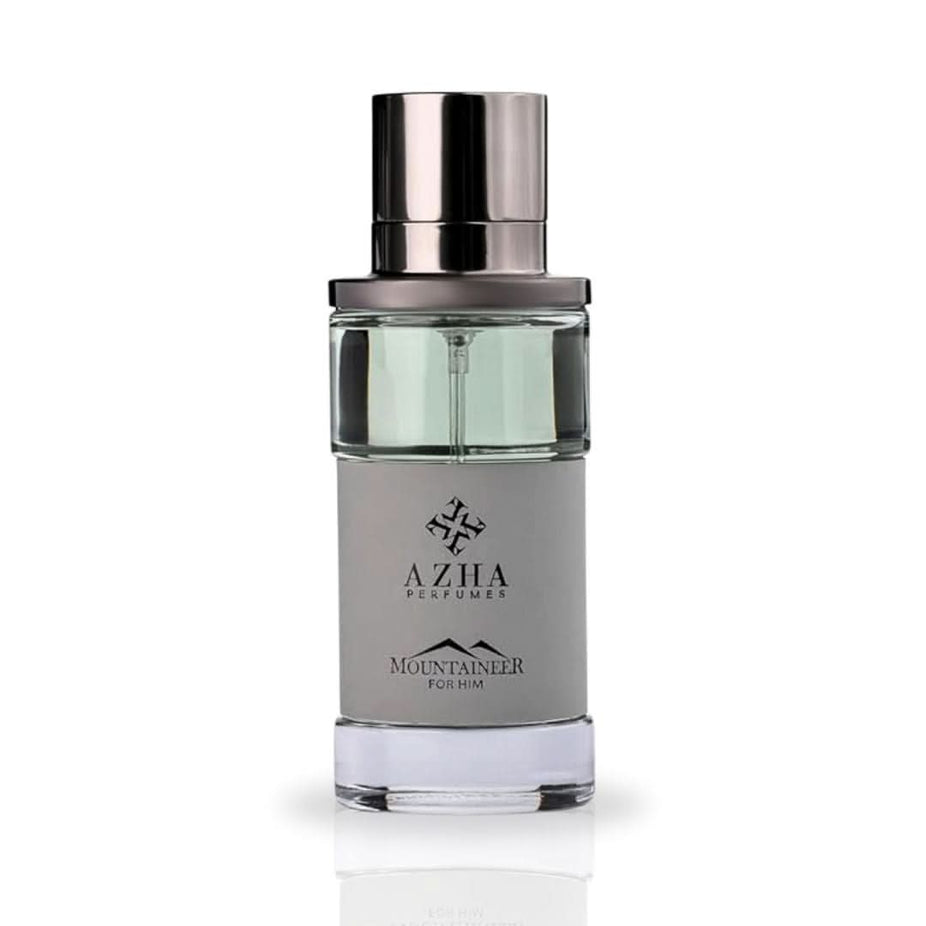 Azha Mountaineer For Him EDP spray 100ML, stylish bottle with dark and metallic design, representing a captivating men's fragrance.