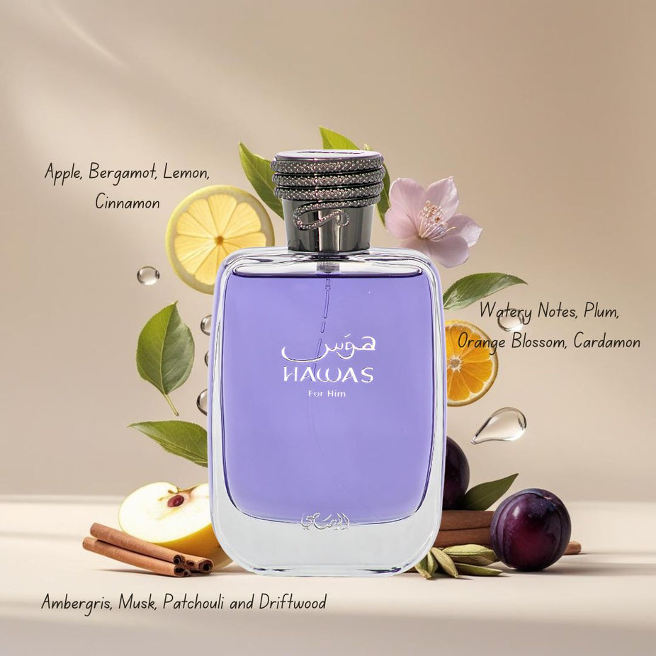 Rasasi Hawas Sapphire and Hawas Ice Eau de Parfum sprays in 100ml bundle, featuring sleek bottles and modern fragrance designs.