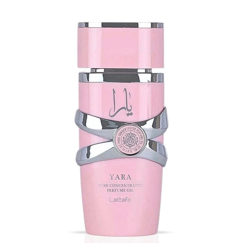 Lattafa Yara Concentrated Perfume Oil 20ml bottle with elegant packaging and black cap, showcasing a luxurious fragrance container.