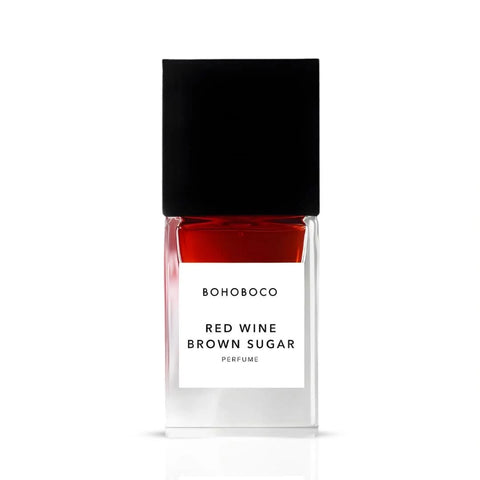 Bohoboco Red Wine Brown Sugar Eau de Parfum spray bottle, 50ml, featuring a sleek design and deep red accents.