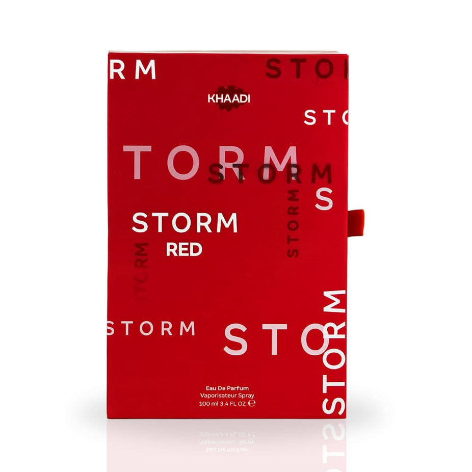 Khaadi Storm Red Eau de Parfum spray bottle, 100ml, with sleek red packaging and elegant design.