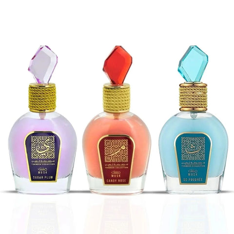 Lattafa Candy Rose, Musk So Poudrée & Sugar Plum Eau de Parfum spray bundle, 100ml each, featuring elegant perfume bottles.