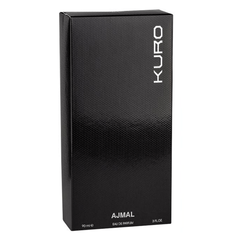 Ajmal Kuro for Men Eau De Parfum 90ML bottle, sleek design, showcasing the elegant packaging of the men's fragrance.