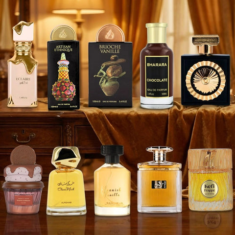 Eclaire, Artisan Ethnique, brioche vanilla, cookie crave & Nebras, Chocomusk & sapnish vanilla by Al Rehab, riqqa by Ard Al Zafaran, bharara chocolate by Bharara & kefi Frappe by Risala- Eau de Parfum Sprays 100ml (3.4 oz)(Bundle)