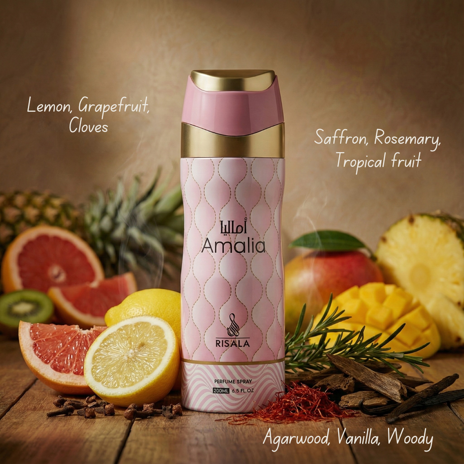 RISALA Amalia perfumed body spray 200ml deodorant bottle with floral design and spray nozzle visible.
