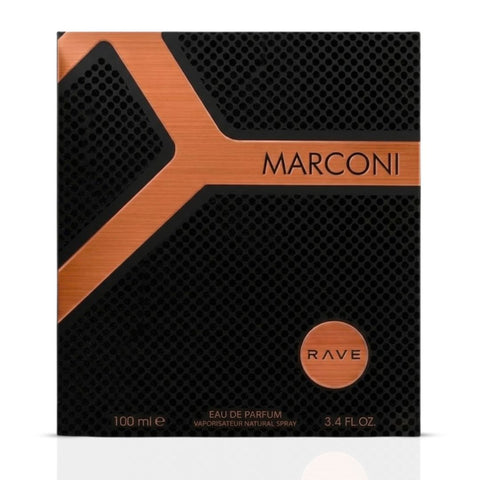 Rave Marconi Eau de Parfum spray 100ml bottle, elegant perfume with floral and woody notes, front view of the fragrance bottle