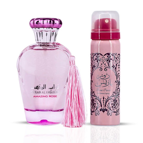 Ard Al Zaafaran Turab Al Dhahab Amazing Rose Eau de Parfum spray and perfumed spray in 100ml and 50ml bottles, floral fragrance.