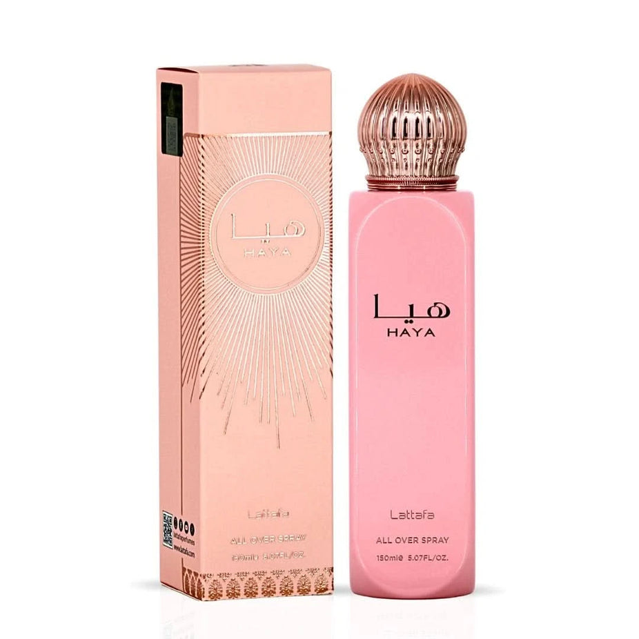 Lattafa Haya & Shahd All Over Sprays bundle with two 150ml bottles, featuring elegant packaging and spray nozzles.