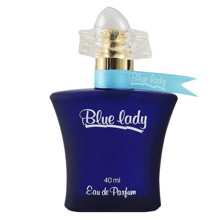 Blue Lady EDP by Rasasi in a 40ML bottle, displayed with a luxurious velvet pouch for elegant storage.