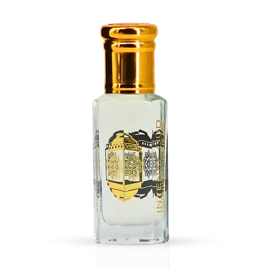 Intense Oud Khalab Perfume Oil 12ml in black gift box, loose oil bottle with elegant packaging and branding details.
