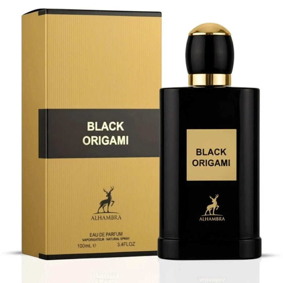 Bundle of Maison Alhambra Black Origami and B.A.D. Femme Eau de Parfum Sprays, 100ml each, featuring elegant perfume bottles.