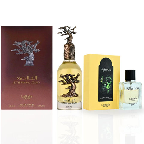 Eternal Oud EDP Spray 100ML (3.4 OZ) & Affection EDP 20ML (0.6OZ) By Lattafa Pride | Long Lasting, Luxurious Fragrances. (DELUXE BUNDLE) - Intense Oud