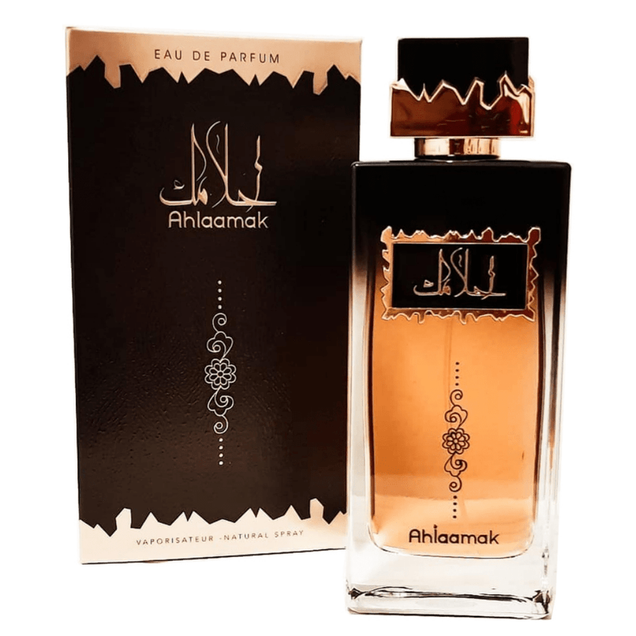 Ahlaamak Eau De Parfum by Ard Al Zaafaran, 100ML bottle with elegant design and floral fragrance details.