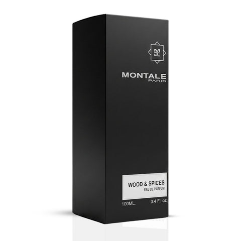 Montale Wood & Spices Eau de Parfum spray bottle, 100ml, featuring a sleek design with warm wood and spice scent notes.