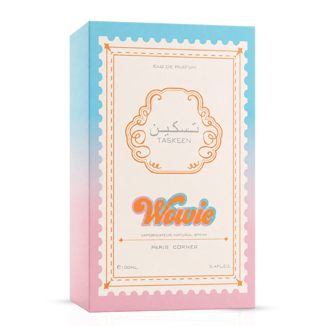 Taskeen Wowie Eau de Parfum Spray by Paris Corner, 100ml bottle, elegant packaging with floral and fruity scent details.