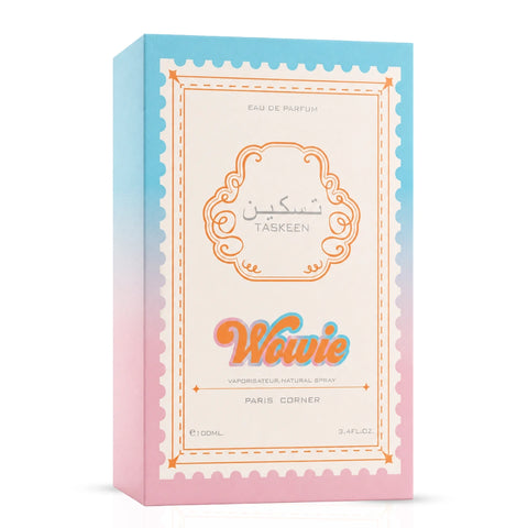 Taskeen Wowie Eau de Parfum Spray by Paris Corner, 100ml bottle, elegant packaging with floral and fruity scent details.
