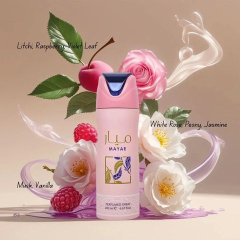 Lattafa Mayar Deodorant Spray 200ml bottle with sleek design, featuring a silver cap and clear spray nozzle.