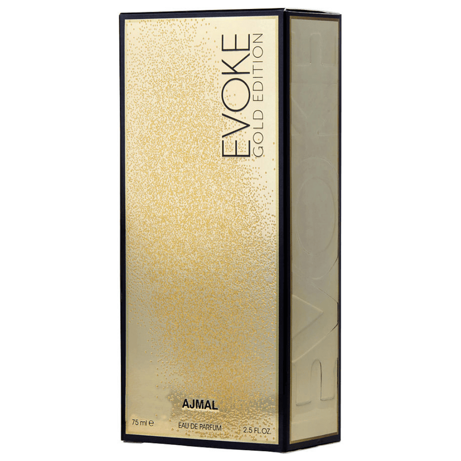 Evoke Gold Edition for Women Eau De Parfum by Ajmal, 75 ML bottle with elegant gold accents and floral design.