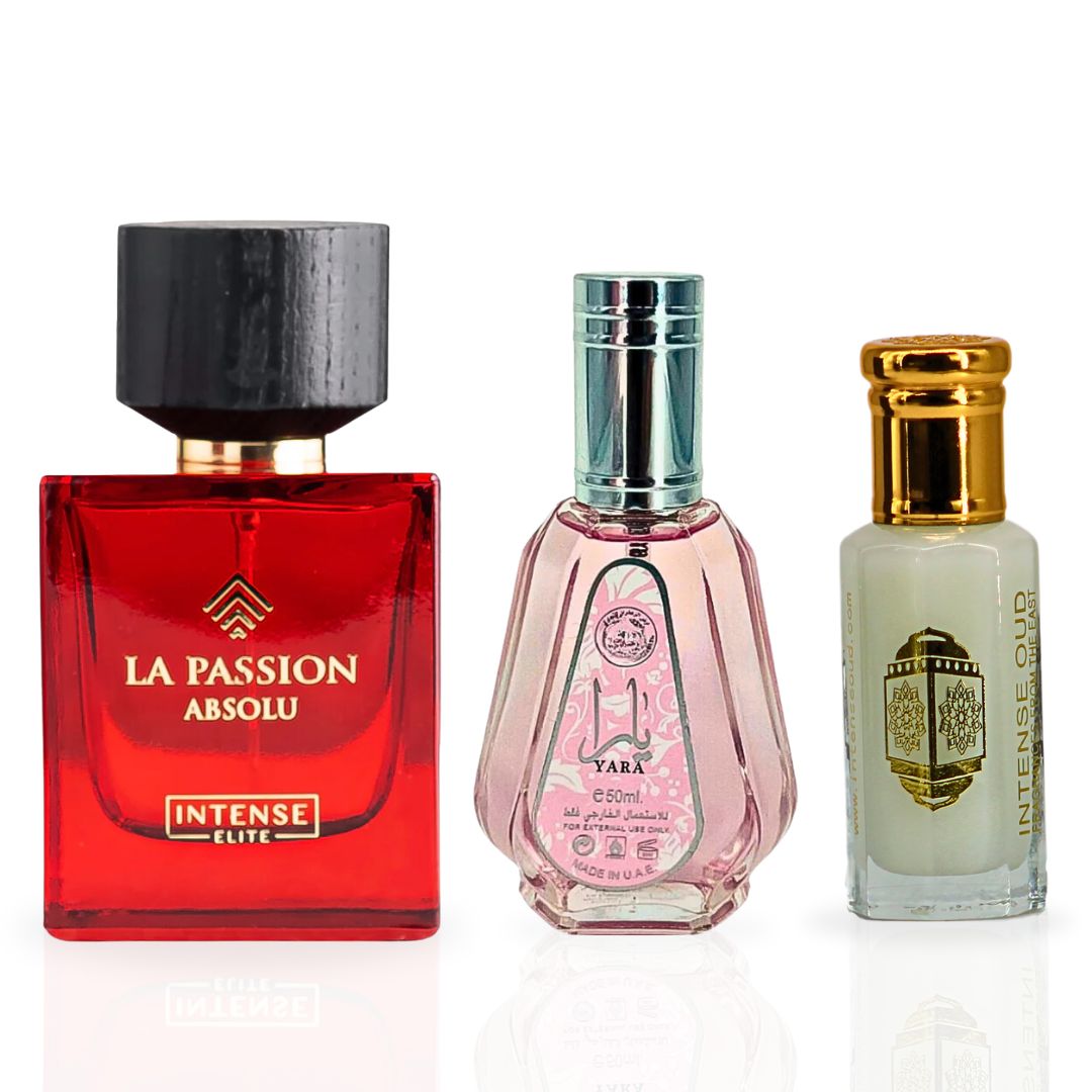 Yara EDP Spray 50ML (1.7 OZ), Musk Tahara Perfume Oil 12ML (0.4 OZ), La Passion Absolu For Women EDP Spray 100ML (3.4 OZ) With Magnetic Gift Box | Celebrate Your Grace With These Scents. - Intense Oud