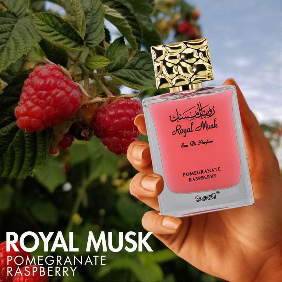 Surrati Royal Musk Pomegranate Raspberry Eau de Parfum spray bottle, 100ml, featuring elegant packaging and fragrance details.