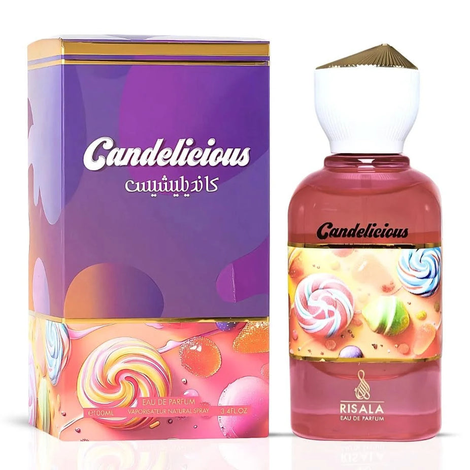 Bundle of three 100ml Eau de Parfum sprays including Yara Candy by Lattafa, Odyssey Candee by Armaf, and Candelicious by Risala from Intense Oud.