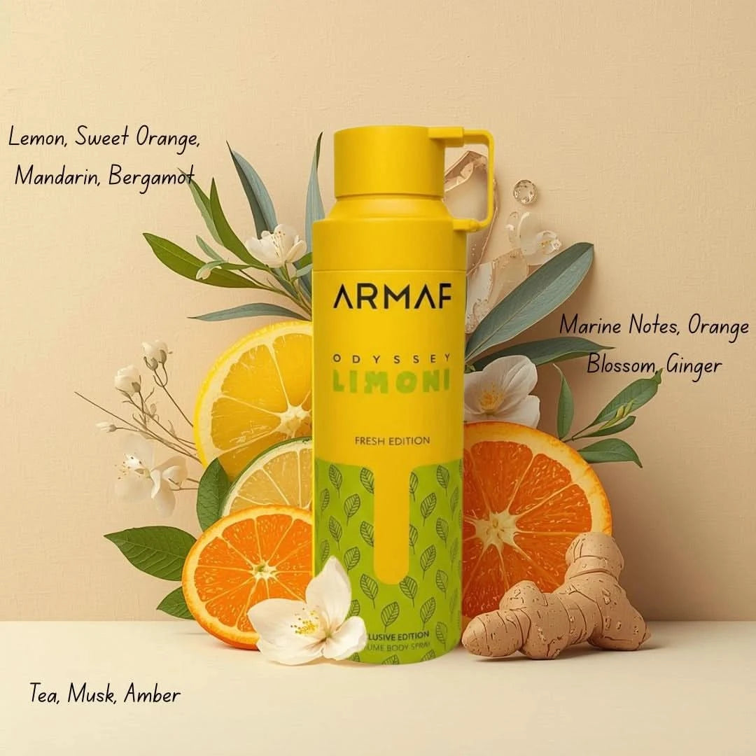 Odyssey Limoni Fresh deodorant spray by Armaf, 200ml bottle, with a sleek design and citrus scent visible in the image.