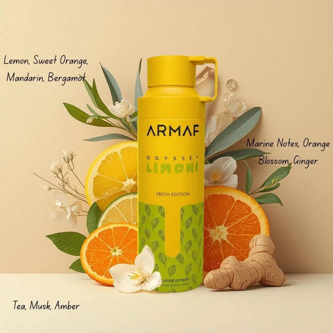 Odyssey Limoni Fresh deodorant spray by Armaf, 200ml bottle, with a sleek design and citrus scent visible in the image.