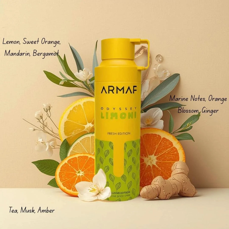 Odyssey Limoni Fresh deodorant spray by Armaf in 200ml bottle, featuring citrus scent and sleek packaging.