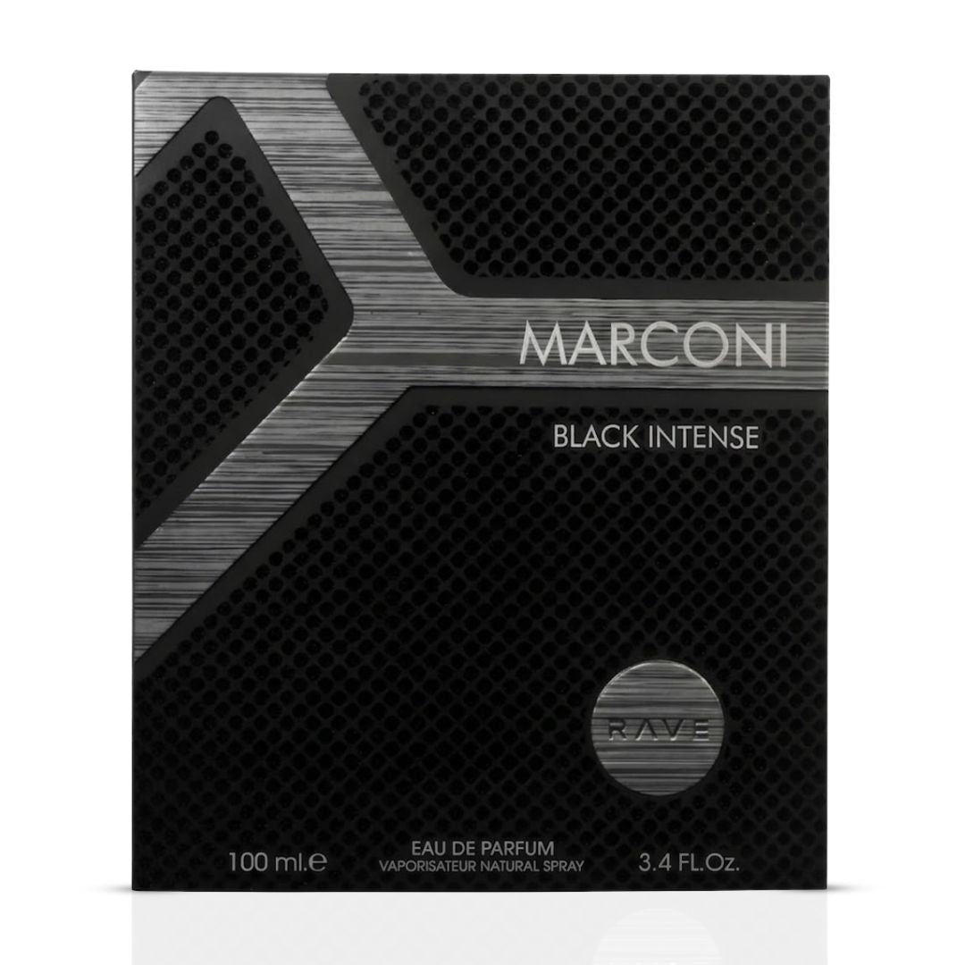 Rave Marconi Black Intense Eau de Parfum spray bottle, 100ml, with sleek black and silver packaging and elegant design.