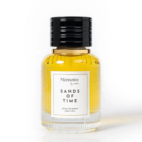 Azha Sands of Time Extrait de Parfum Spray 100ml, elegant fragrance bottle from the Memoire Collection, with sleek design and gold accents.