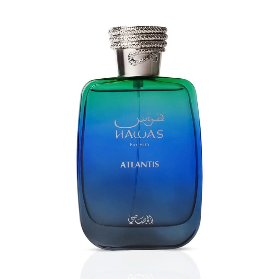 Rasasi Hawas Atlantis Eau de Parfum Spray 100ml bottle with sleek design and clear label, showcasing the luxurious fragrance.