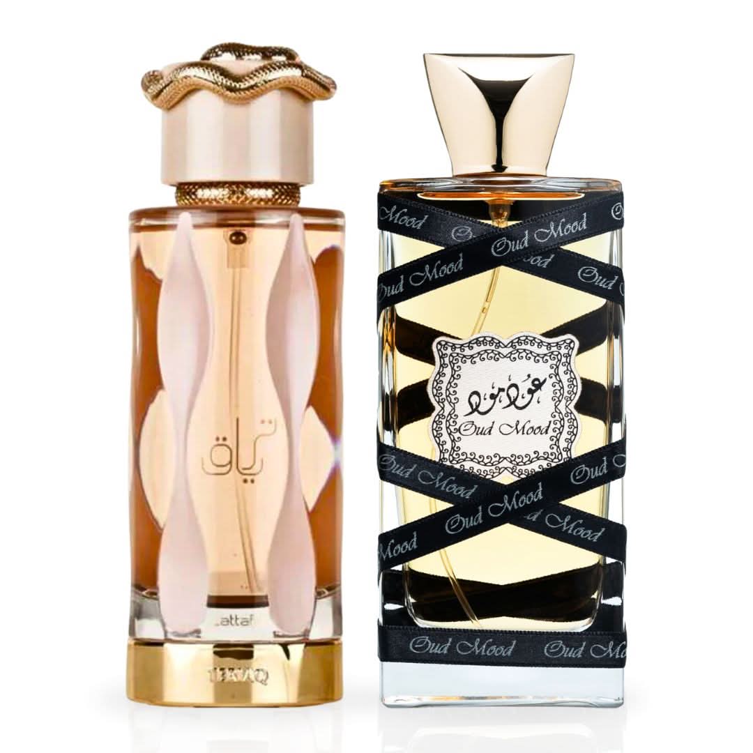 Lattafa Teriaq & Oud Mood Eau de Parfum bundle with two 100ml spray bottles, showcasing elegant packaging and fragrance appeal.