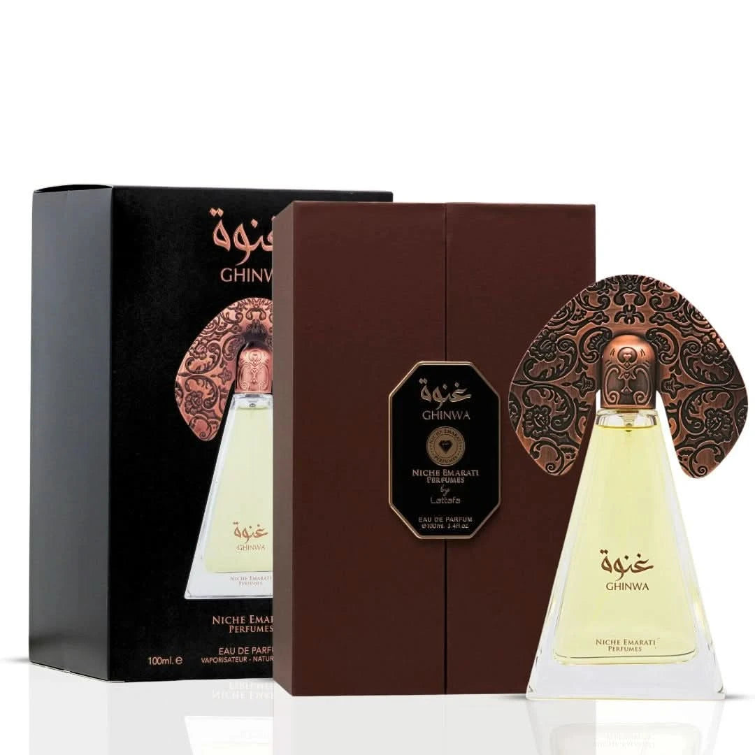Lattafa Niche Emarati Ghinwa & Nebras Eau de Parfum sprays, 100ml, featuring elegant glass bottles and decorative caps.