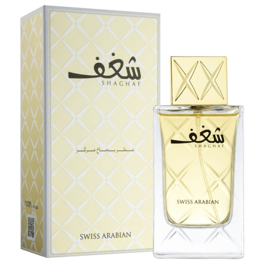 Swiss Arabian Shaghaf Women EDP 75ML perfume bottle with elegant design and fragrance details visible.