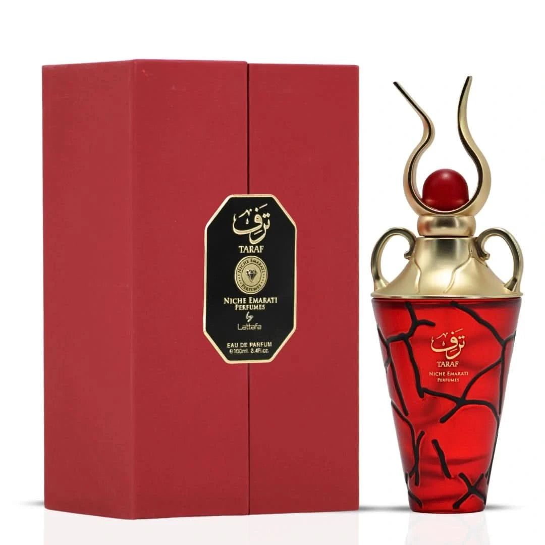 Lattafa Niche Emarati Taraf 100ml, Rasasi Arabian Prive Saada 70ml, and Intense Oud Madawi Perfume Oil 12ml bundle, elegant fragrance collection.