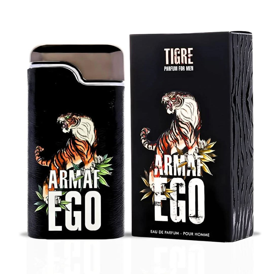 Armaf Ego Tigre and Ego Exotic Eau de Parfum sprays for men and women, 100ml bundle, featuring stylish bottles and vibrant fragrance designs.