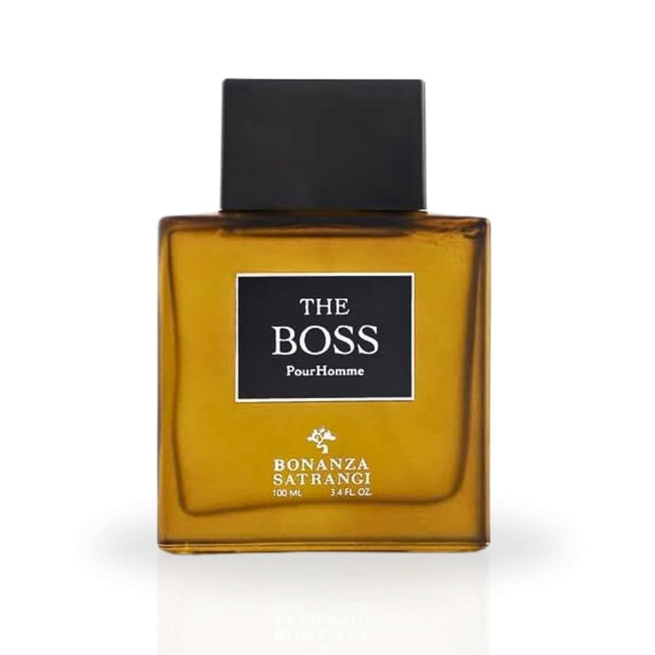Bonanza Satrangi Boss Pour Homme EDP spray 100ML bottle with floral and woody fragrance, showcasing the luxurious perfume design.