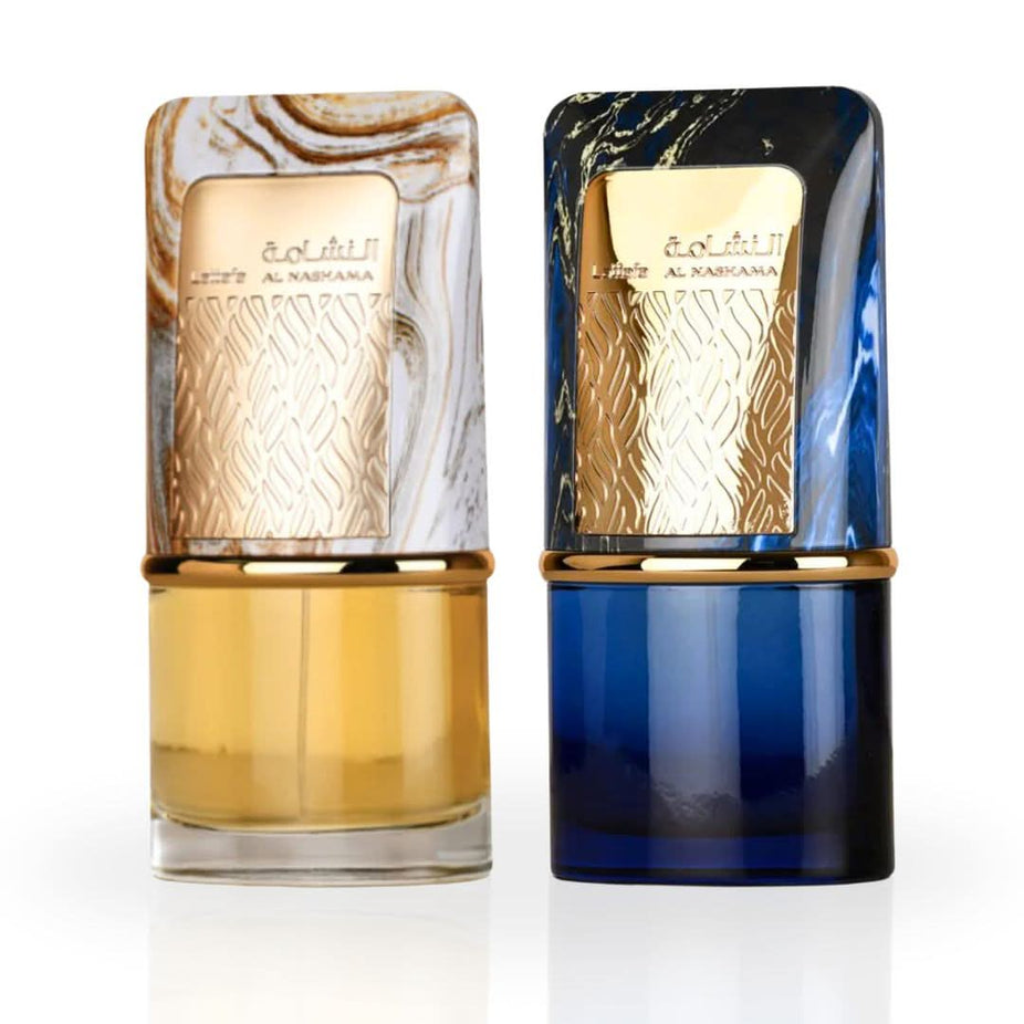 Lattafa Al Nashama & Caprice Eau de Parfum sprays in 100ml bundle, featuring elegant bottles with floral and oriental fragrance notes.