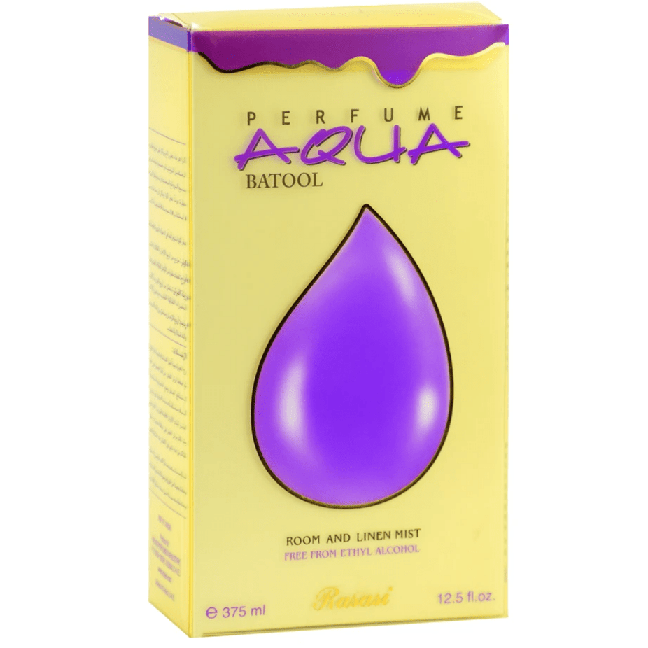 Aqua Batool air freshener bottle by Rasasi, 375ml, with floral and fresh scent, placed on a clean surface.