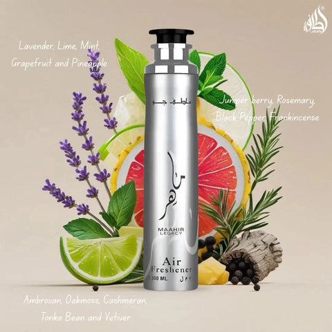 Lattafa Maahir Legacy Air Freshener 300ml bottle with a sleek design, ready to freshen and scent indoor spaces.
