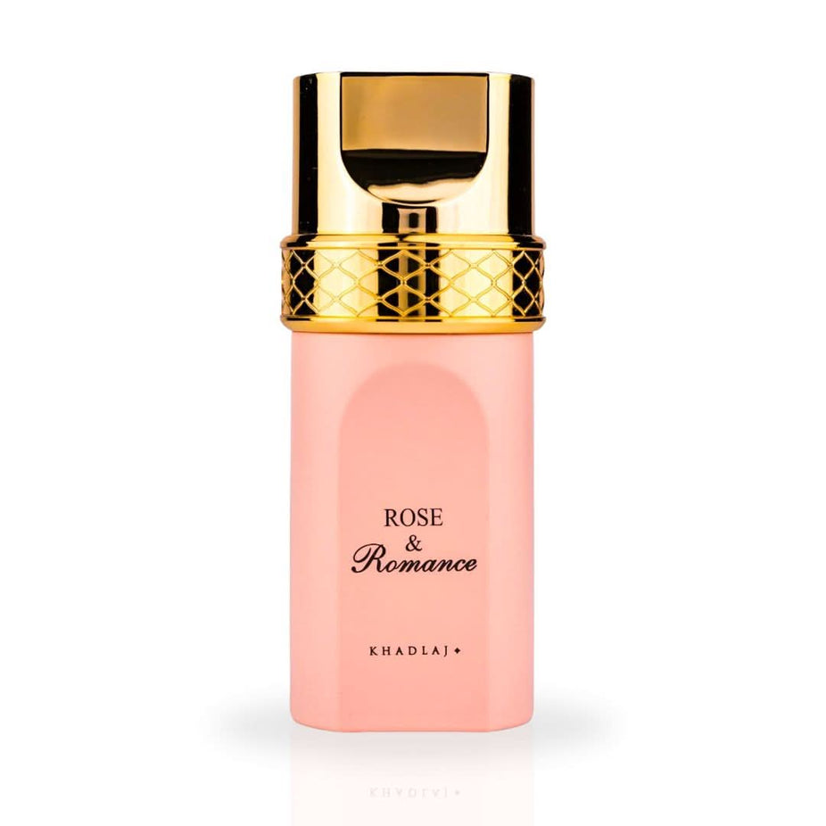 Khadlaj Rose & Romance Gold EDP spray bottle, floral perfume with gold accents, 100ML, elegant and luxurious fragrance presentation.