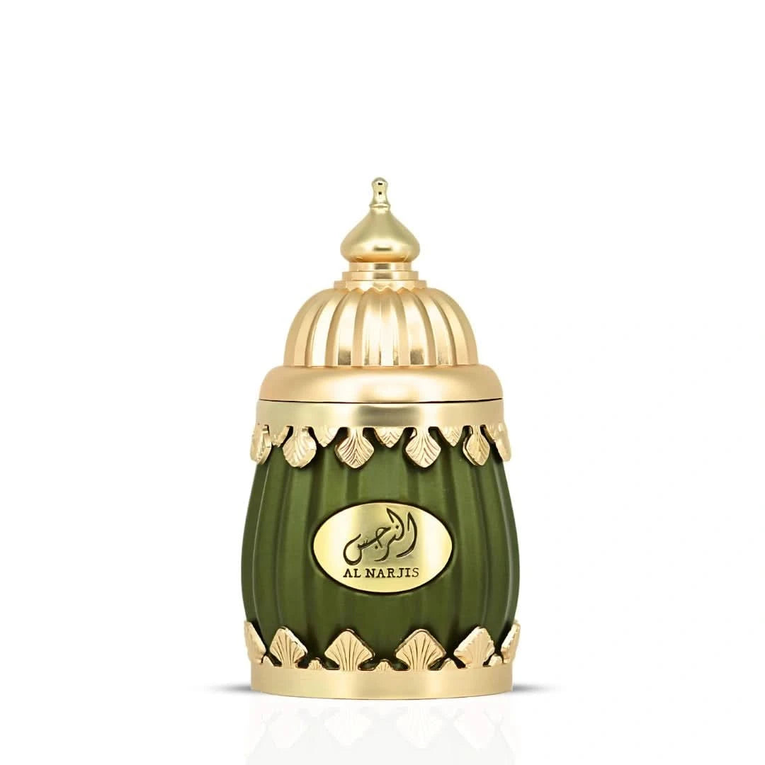 Lattafa Niche Emarati Al Narjis Eau De Parfum spray 100ml in a velvet pouch, featuring a sleek bottle with elegant design.