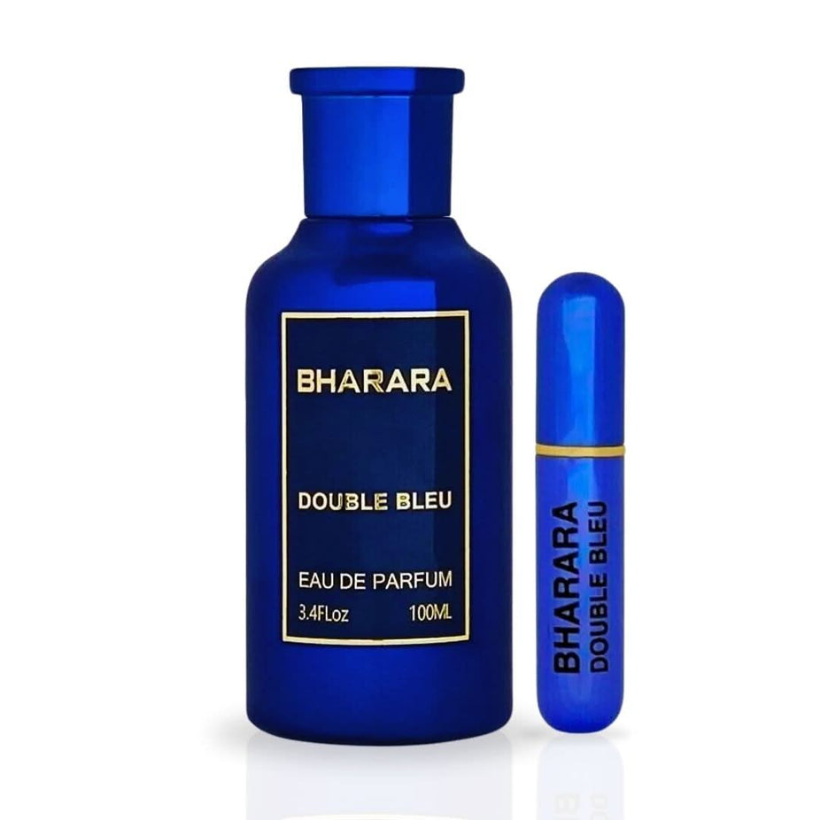 Bharara Double Bleu Eau de Parfum spray bottle, 100ml, with a sleek blue design and elegant branding.
