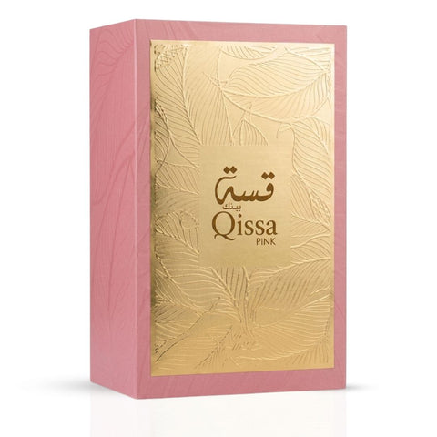 Qissa Pink Eau de Parfum spray bottle by Paris Corner with pink floral design, 100ml, elegant fragrance packaging
