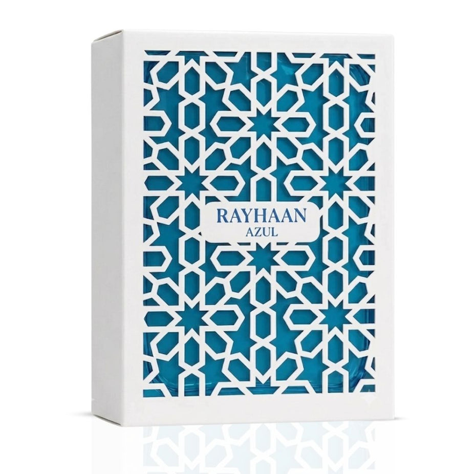 Rayhaan Azul Eau de Parfum spray bottle with blue liquid and sleek packaging, 100ml by Rayhaan.